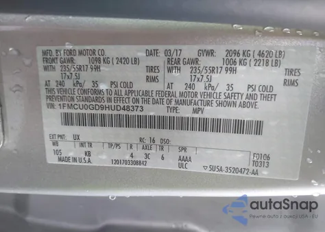 2017 Ford Escape Se from USA, damaged, VIN 1FMCU0GD9HUD48373